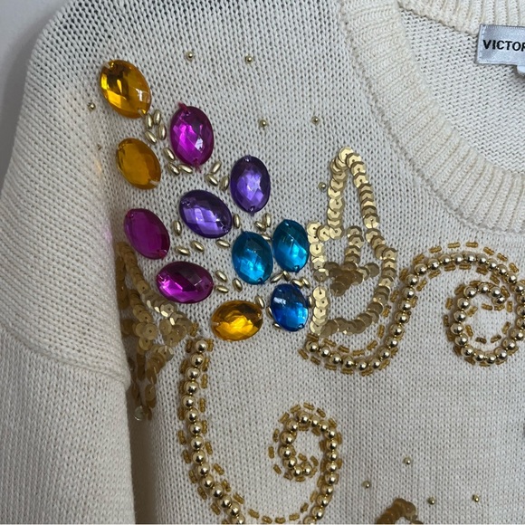 Vintage Victoria‎ Harbour White Sweater Sz L Sequin Bead Embellished WINE GRAPES - Picture 3 of 7